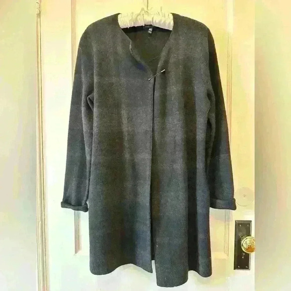 Eileen Fisher Sweaters - Eileen Fisher 100% wool Plaid Sweater Jacket Safety Pin Closure Detail  size XS